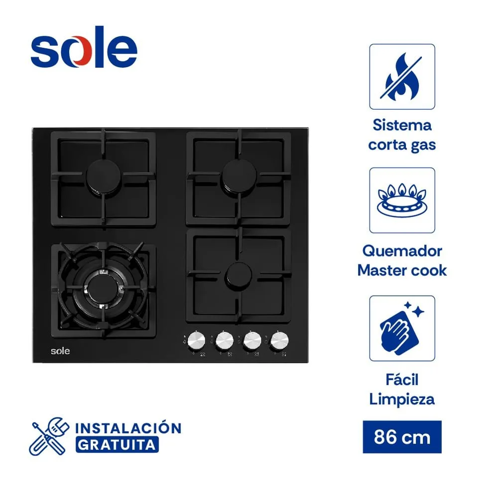 Encimera Empotrable a Gas Sole SOLCO040 4 Quemadores con Vidrio Templado y Parrillas de Hierro Fundido 1