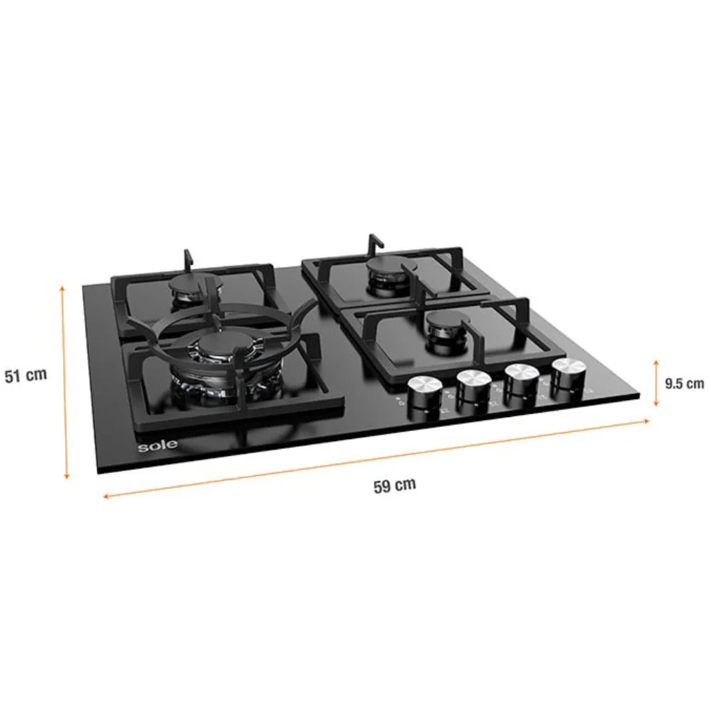 Encimera Empotrable a Gas Sole SOLCO040 4 Quemadores con Vidrio Templado y Parrillas de Hierro Fundido 5 1