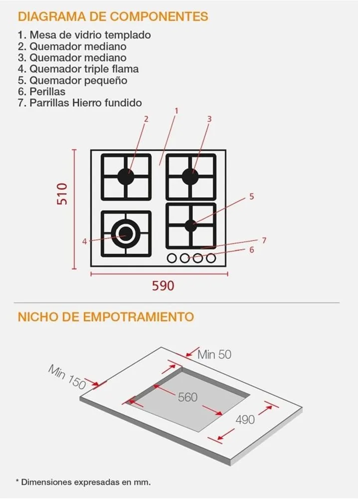 Encimera Empotrable a Gas Sole SOLCO040 4 Quemadores con Vidrio Templado y Parrillas de Hierro Fundido 6 1